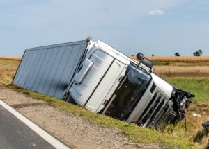 Overturned truck on the side of the road