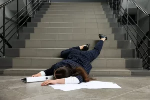 unconscious woman after falling down the stairs